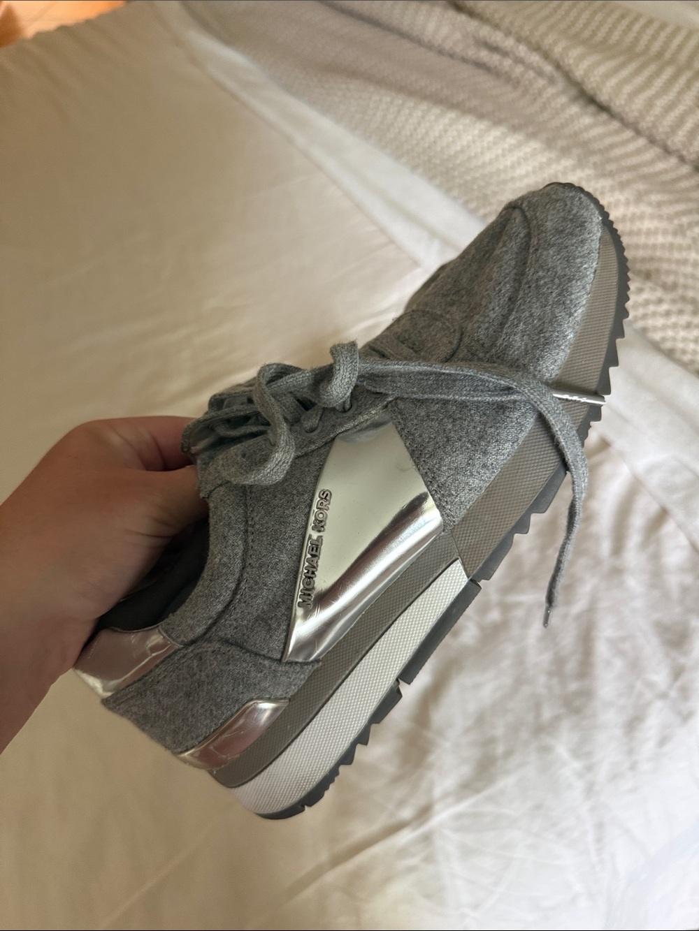 Michael Kors Gray Wool-Blend Sneaker with Silver Metallic Trim